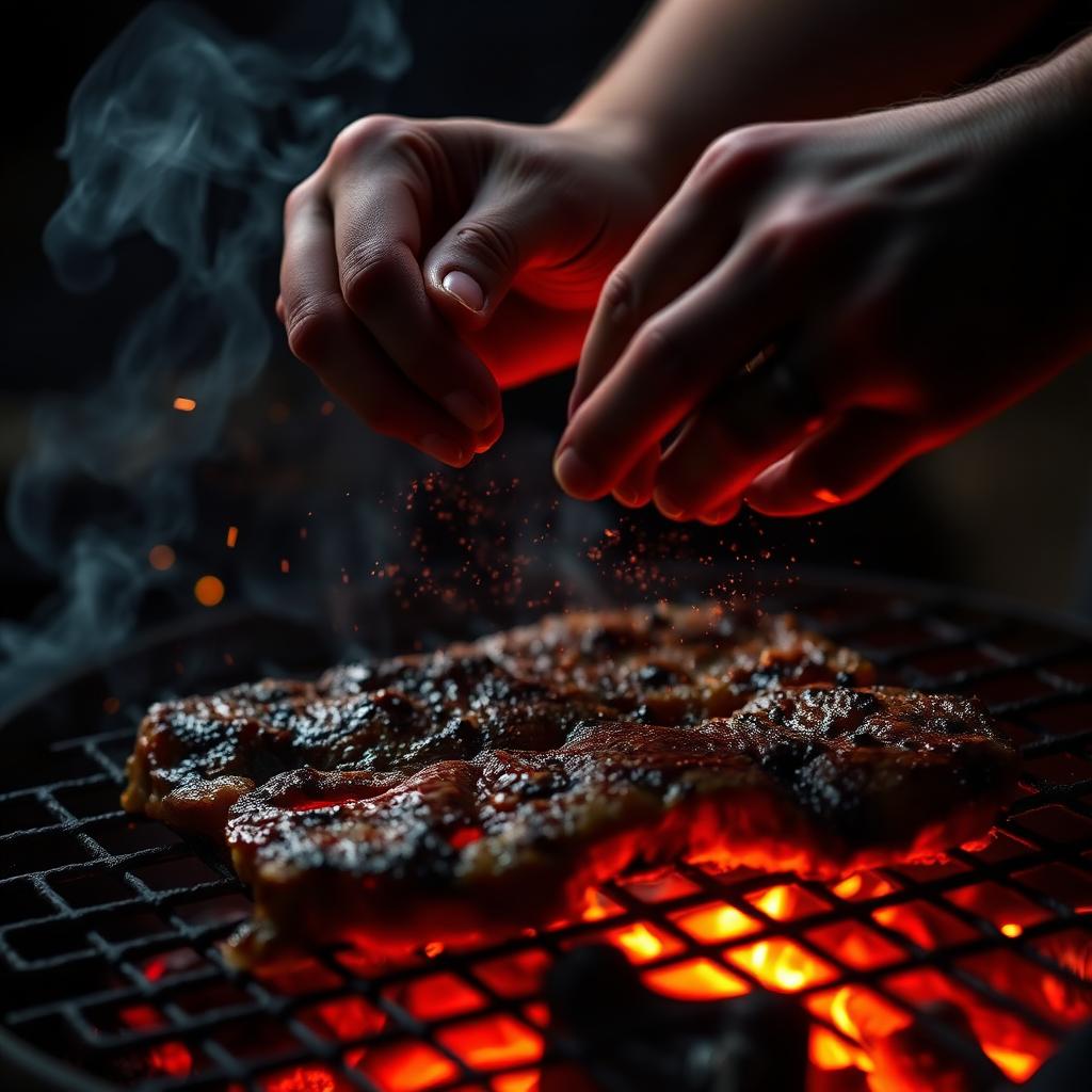 Mãos temperando carne sobre brasa